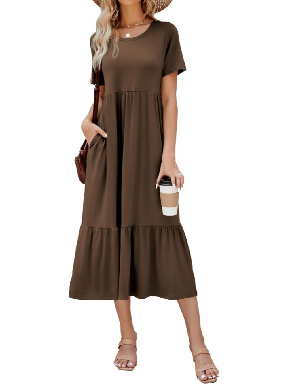 Women's Brown Stylish Sundress Short Sleeve Tiered Beach with Pockets Maxi Dress